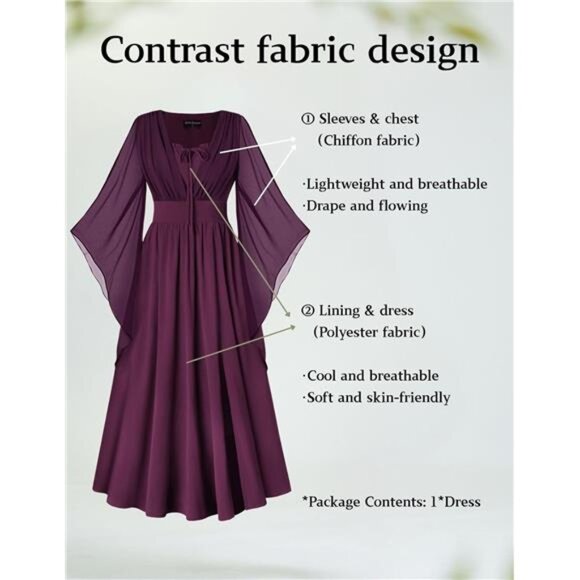 Women's Renaissance Dress Bell Sleeve Fairy Dress Split Maxi Dress with Pockets - Picture 2 of 7